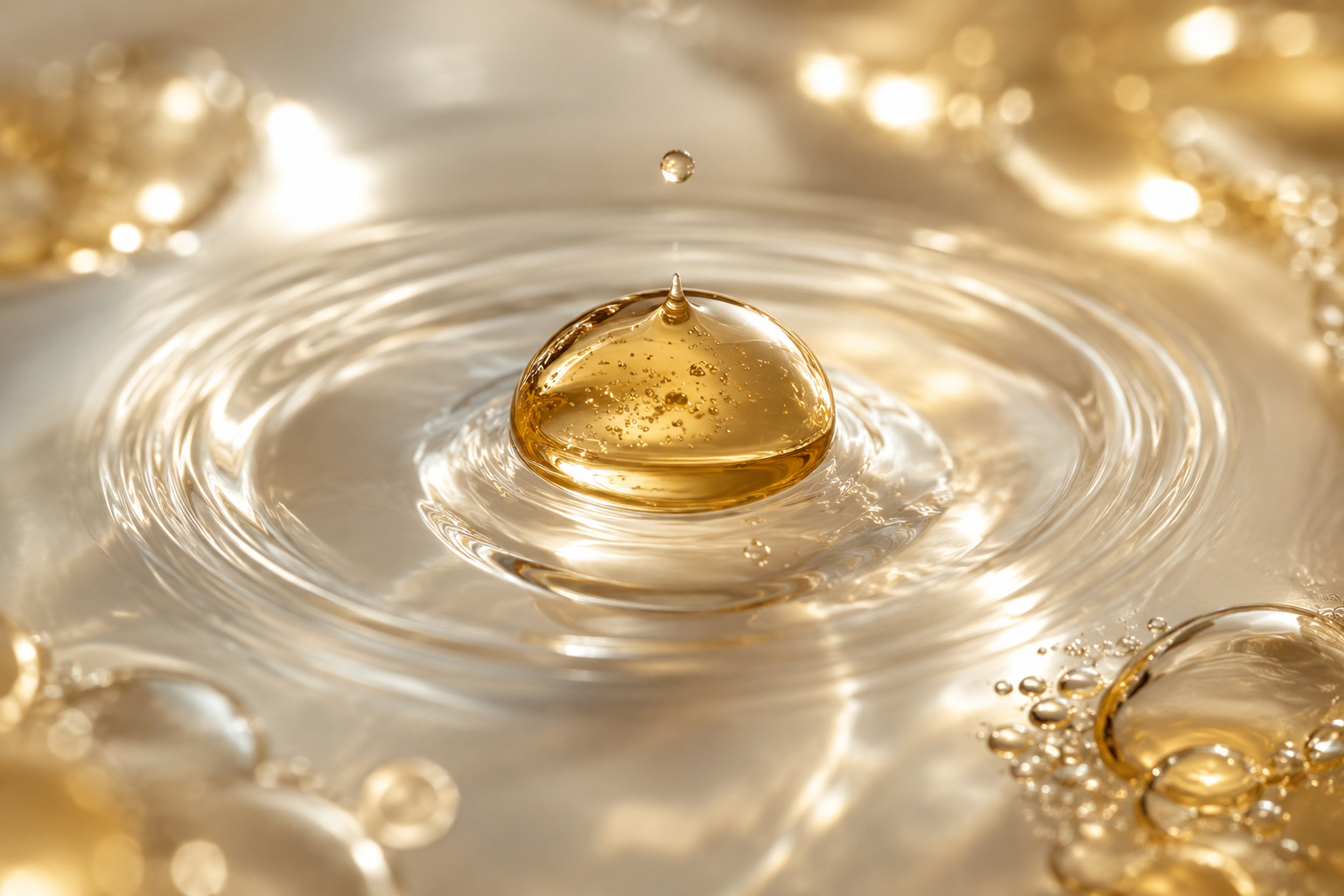 Golden drop dispersing in water, the liposomal delivery metaphor