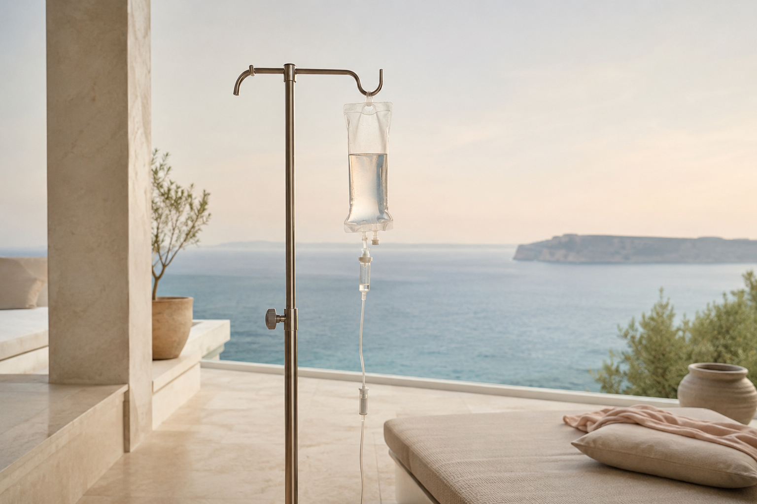 IV drip stand on a Mediterranean villa terrace, State signature infusions