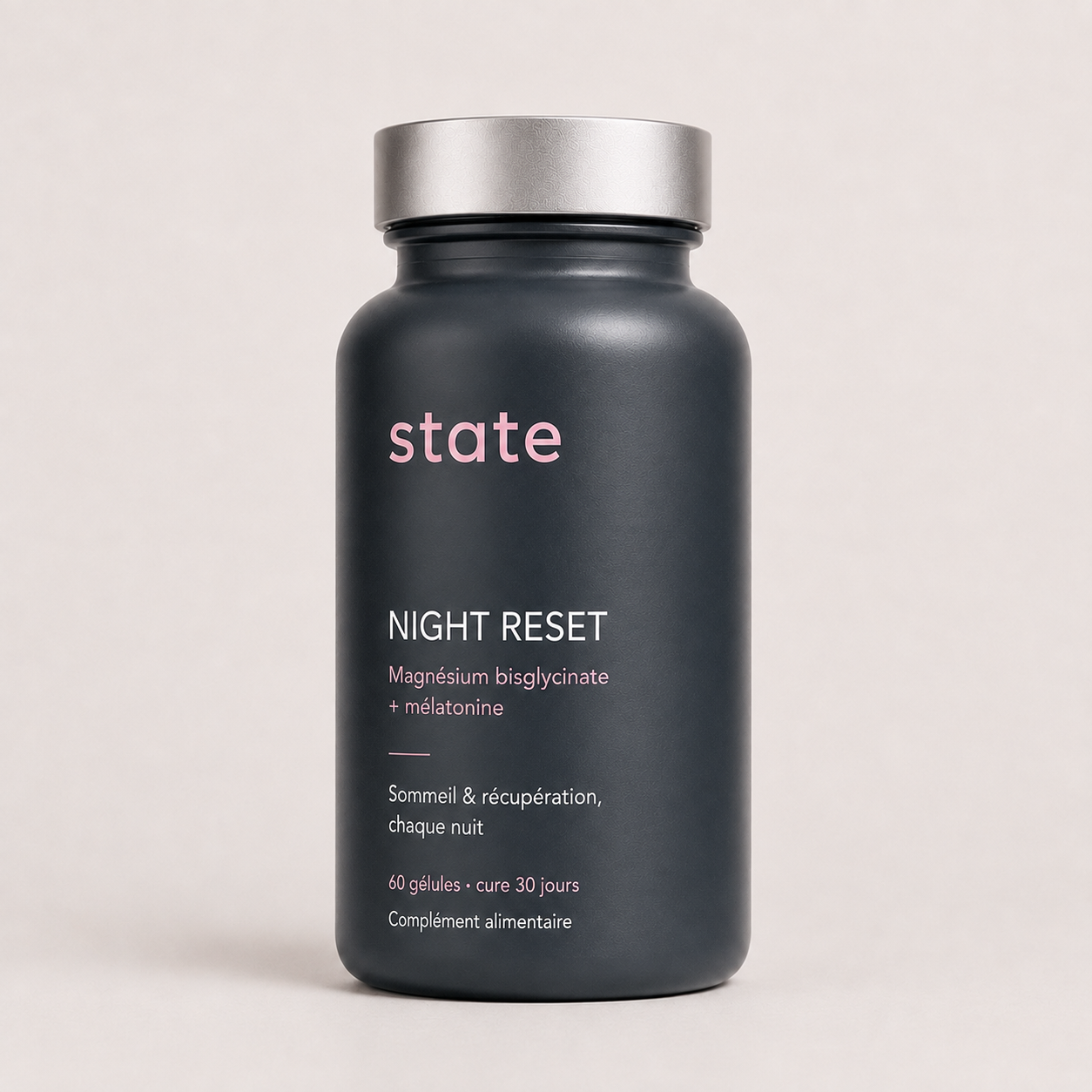 Night Reset by state, slate jar, magnesium bisglycinate and melatonin, front view