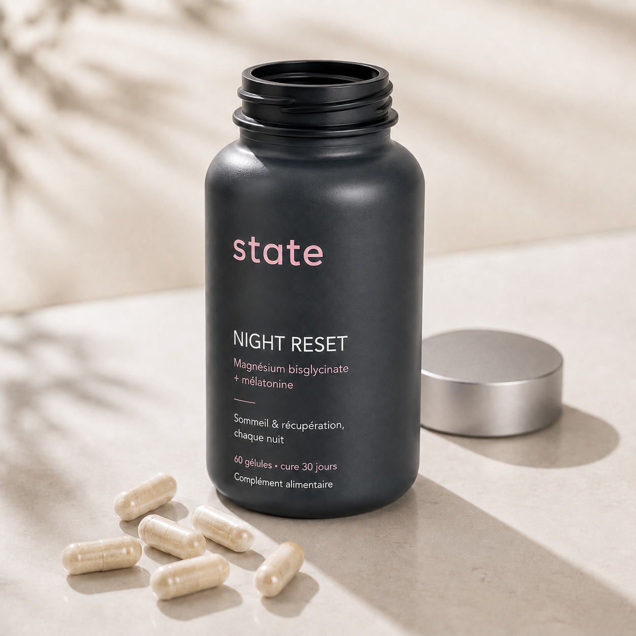 Night Reset by state, open jar with capsules