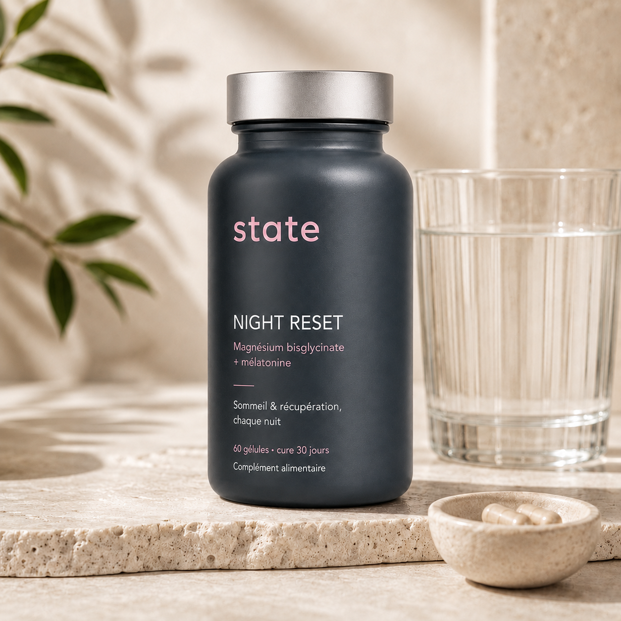Night Reset by state on travertine with a glass of water, evening ritual