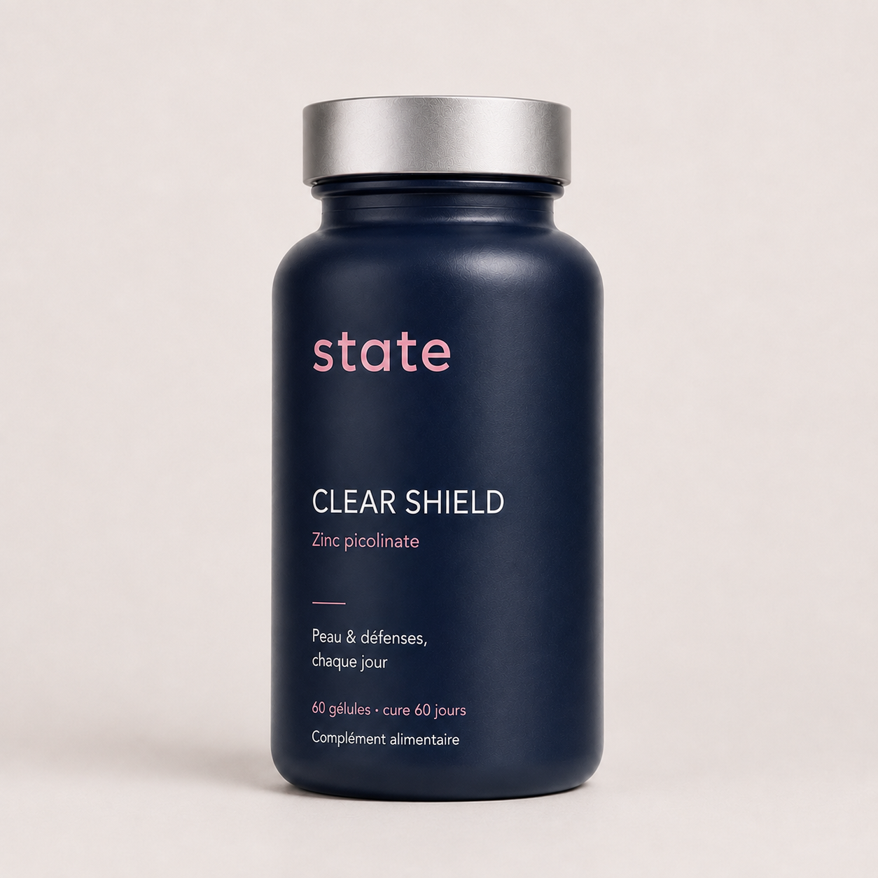 Clear Shield by state, navy jar, zinc picolinate, front view