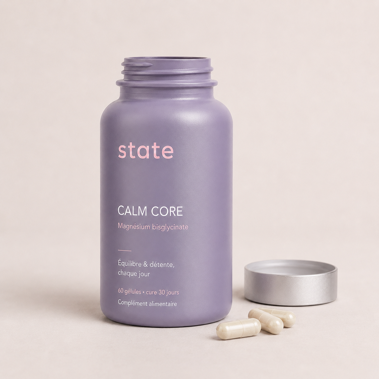 Calm Core by state, lavender jar, magnesium bisglycinate