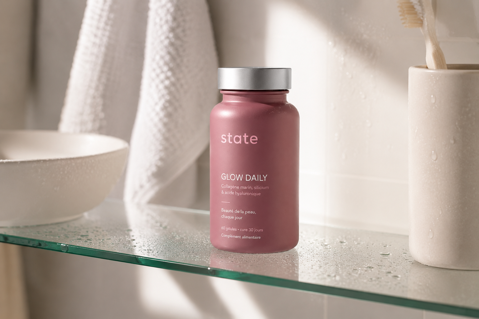 State supplement jar in soft morning light, 30-day ritual article cover