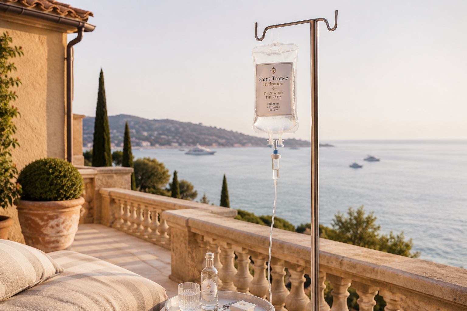 IV drip bag on a terrace overlooking the sea, arrival on the French Riviera