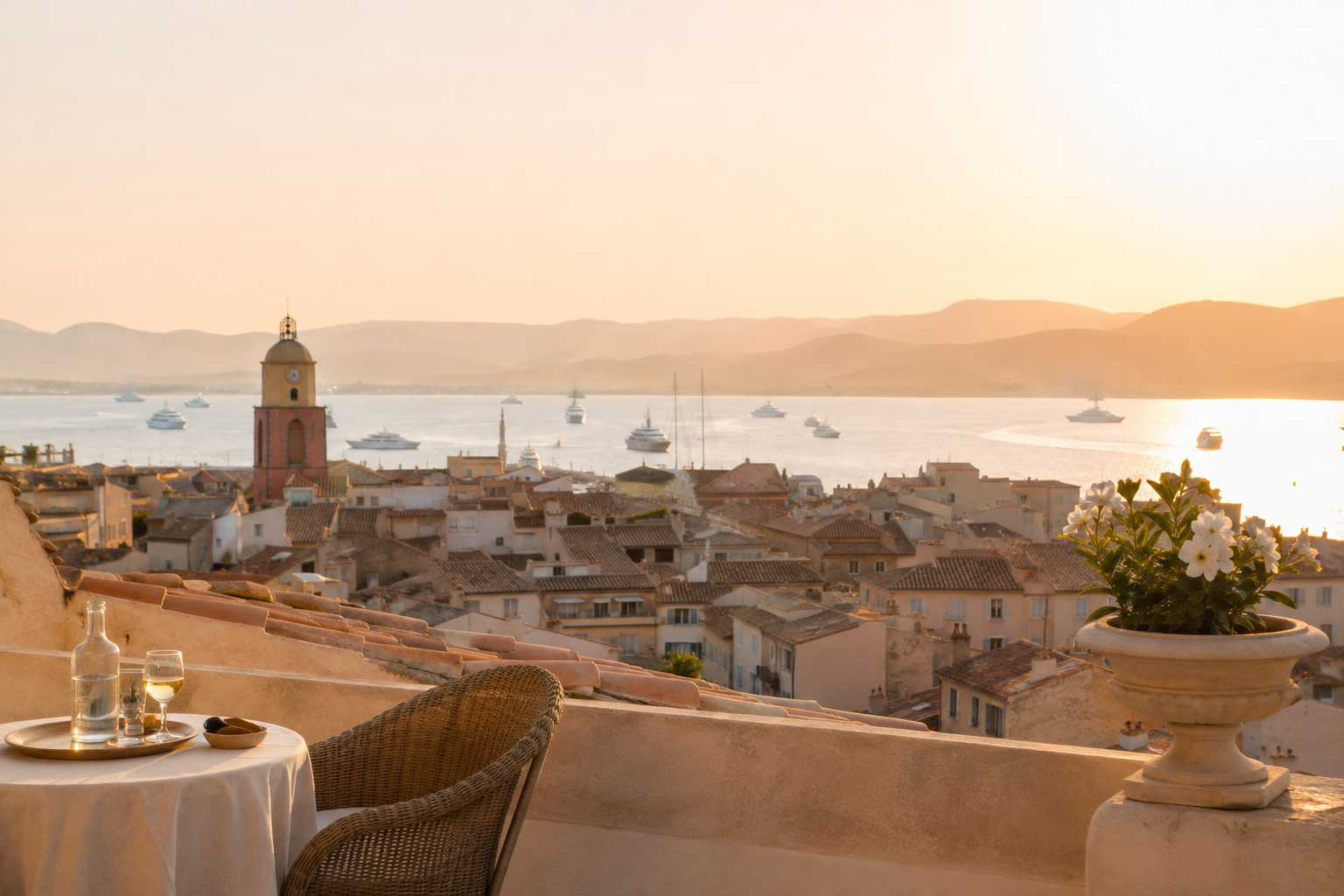 Saint-Tropez bay with yachts at golden hour