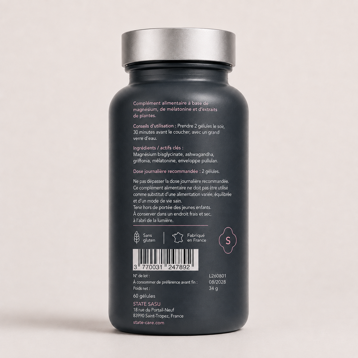 Night Reset by state, back label with ingredients and usage