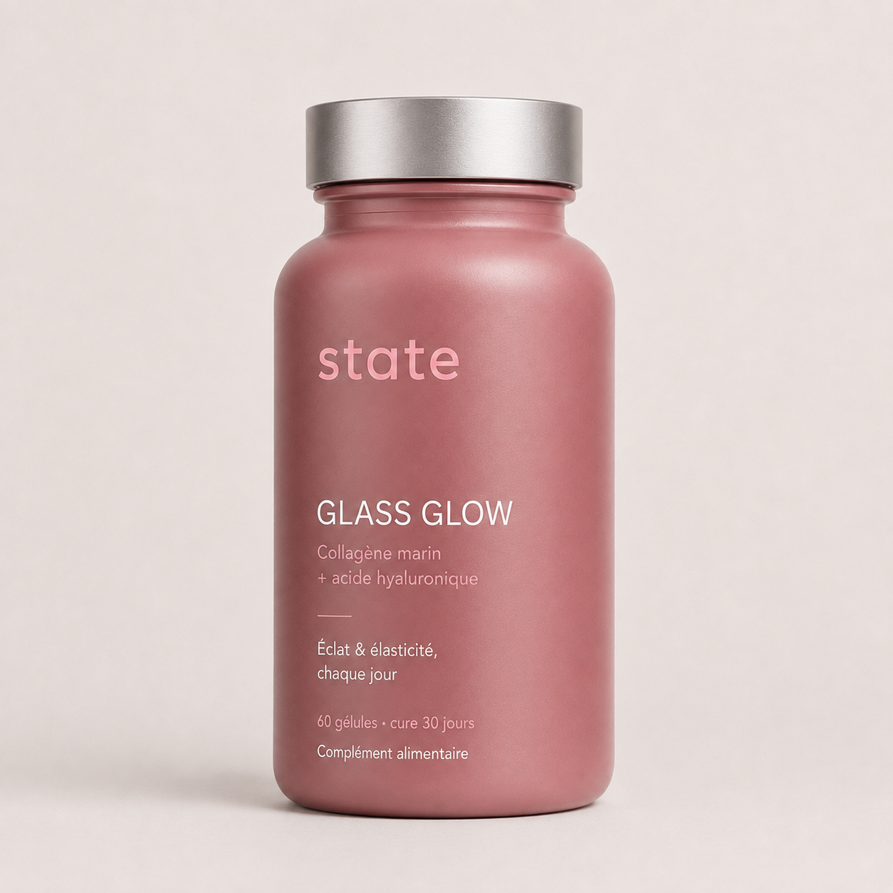 Glass Glow by state, rose jar, marine collagen and hyaluronic acid, front view
