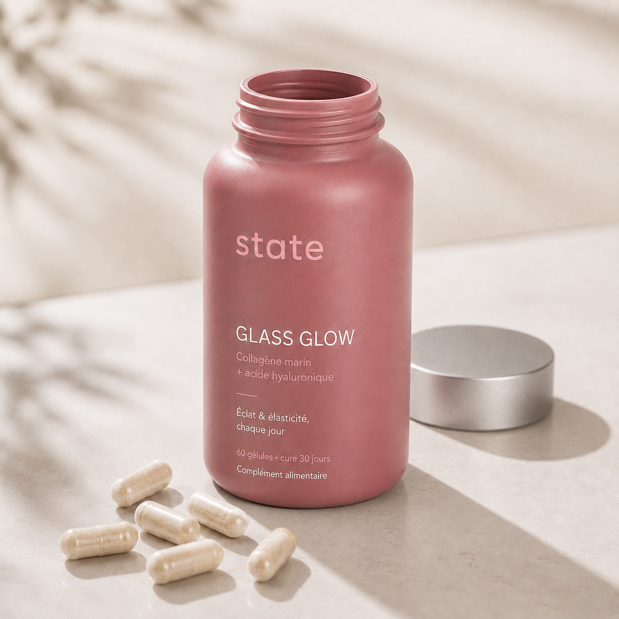 Glass Glow by state, open jar with capsules