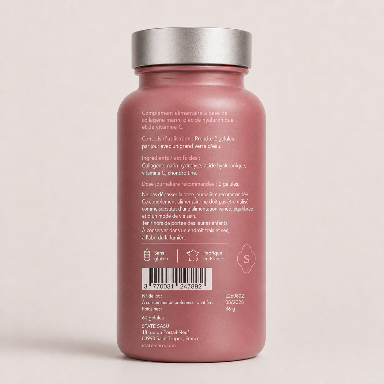 Glass Glow by state, back label with ingredients and usage