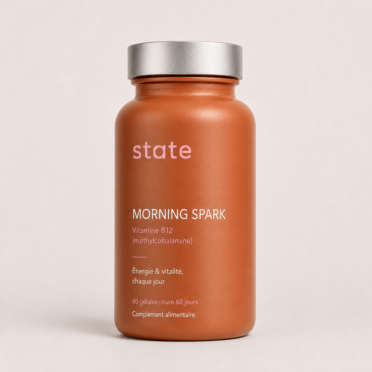 Morning Spark by state, burnt orange jar, vitamin B12 methylcobalamine, front view