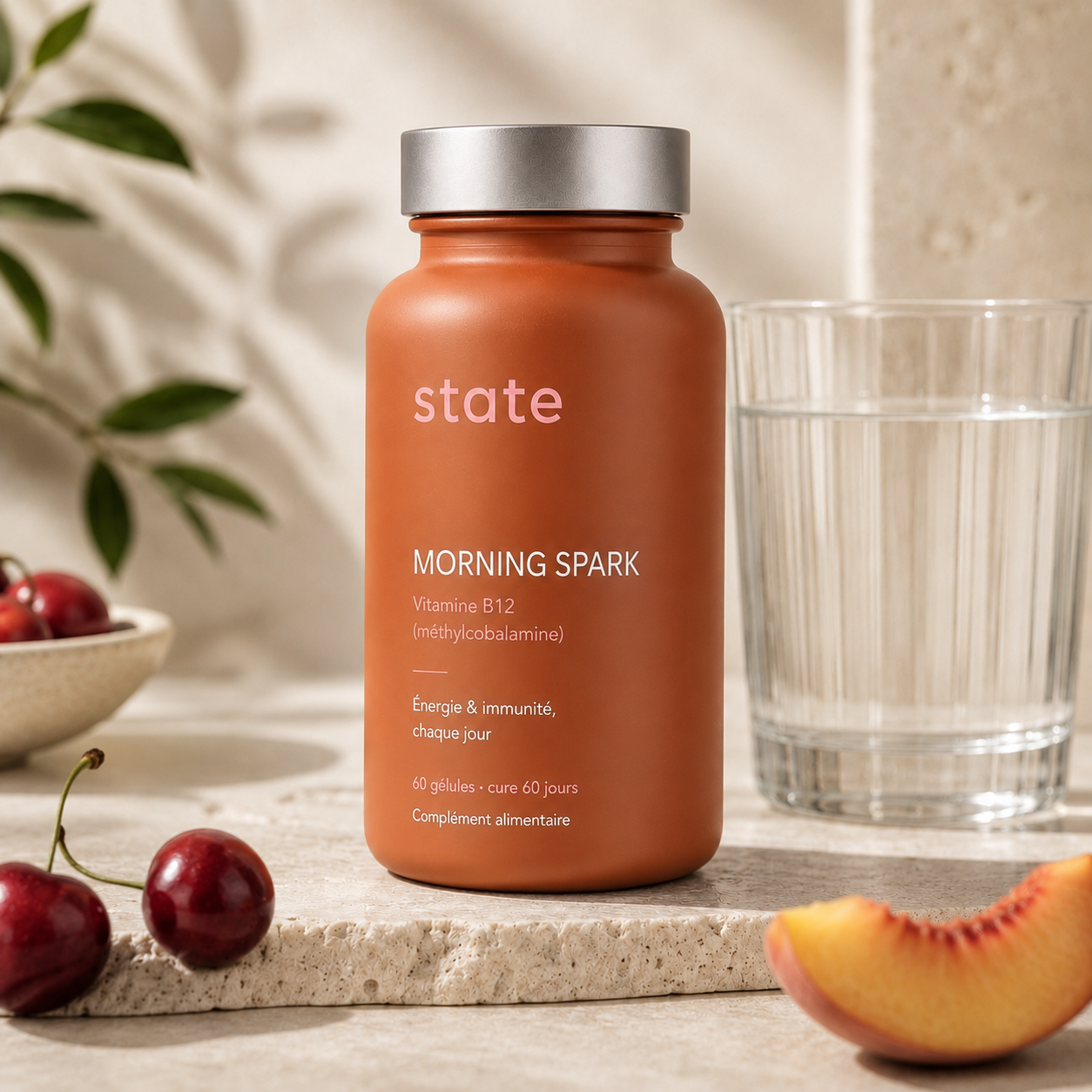 Morning Spark by state on travertine with cherries and peach, morning ritual