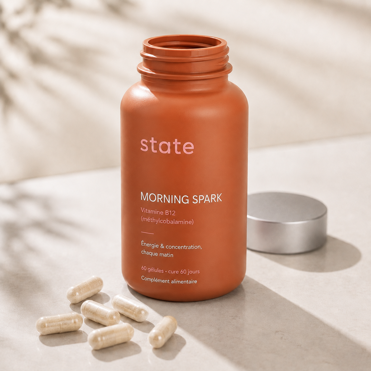 Morning Spark by state, open jar with capsules