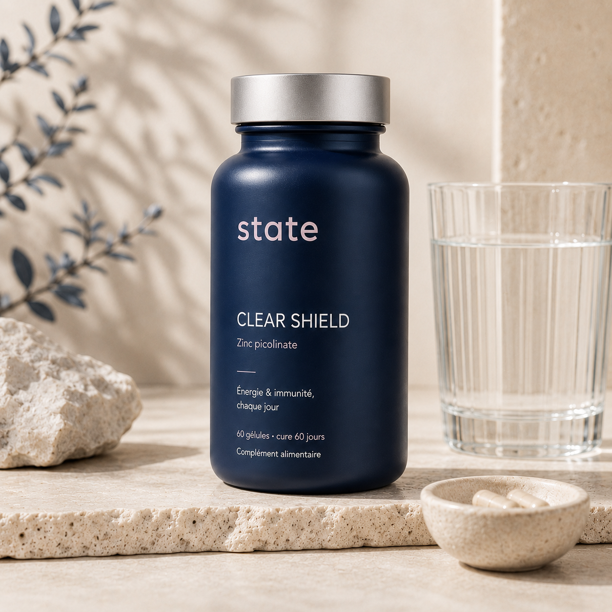 Clear Shield by state on travertine with a glass of water