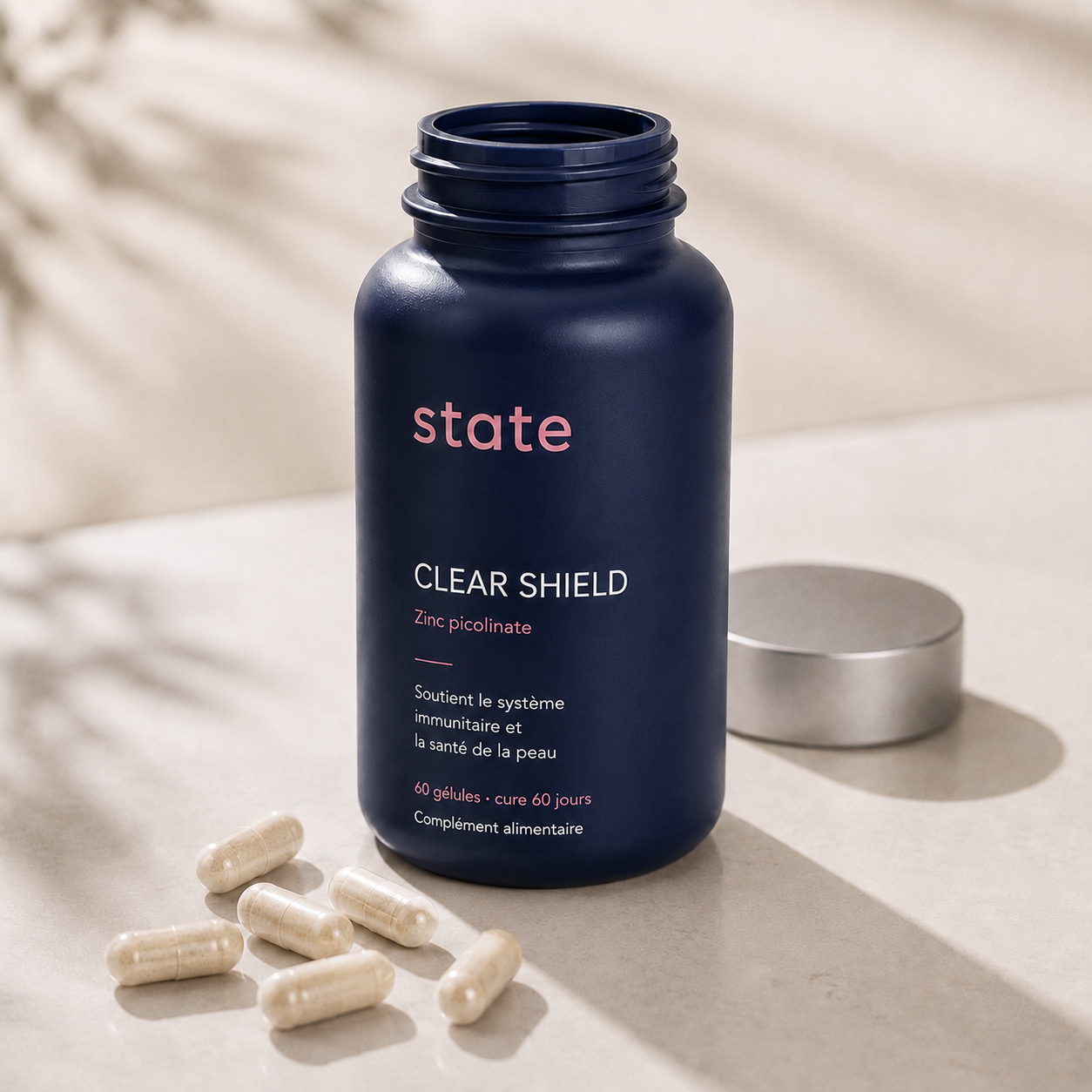 Clear Shield by state, open jar with capsules
